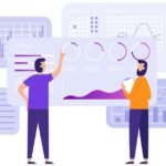 Duas pessoas com vários gráficos e análises.