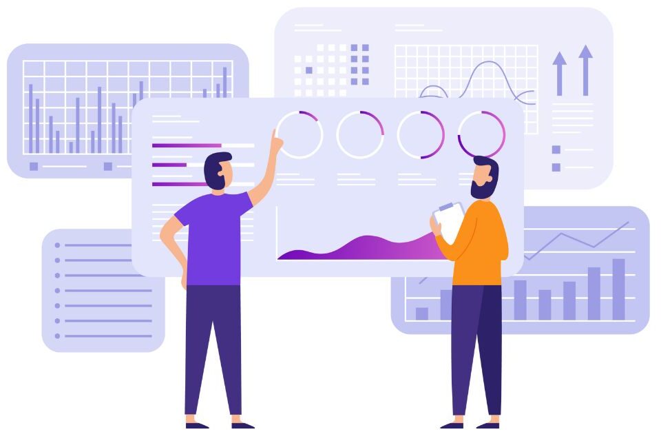 Duas pessoas com vários gráficos e análises.