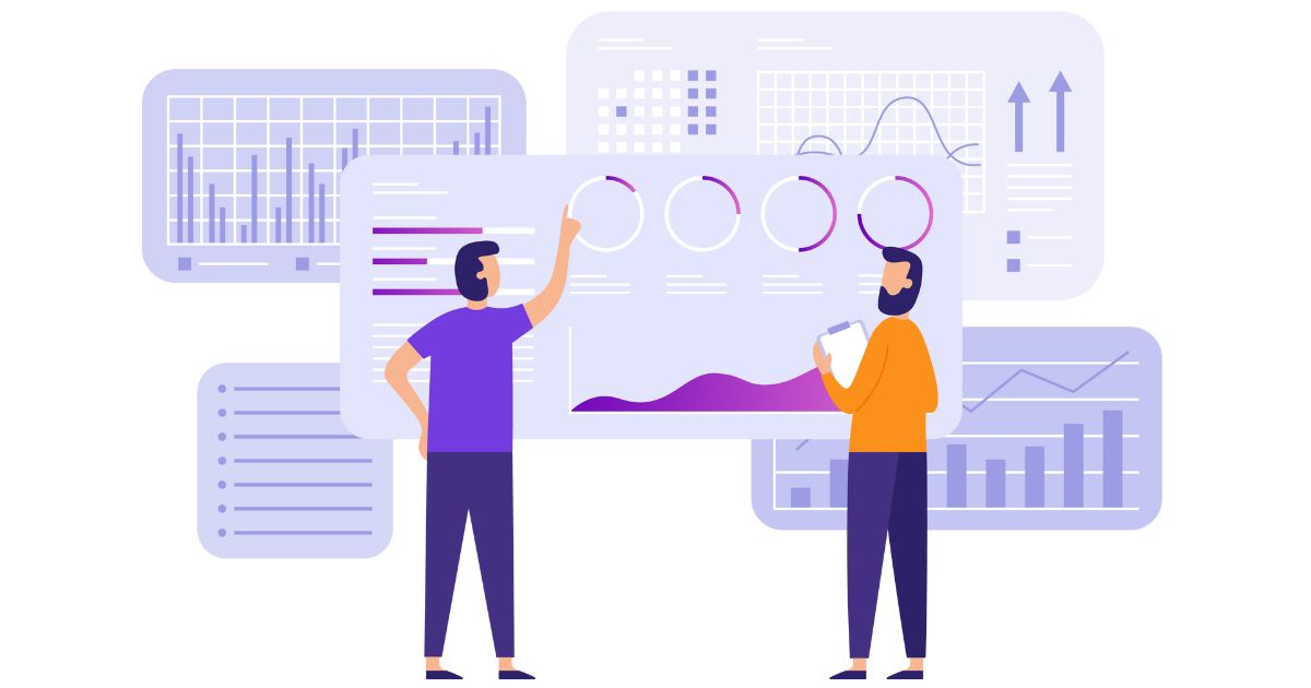 Dos personas con varios gráficos y análisis.